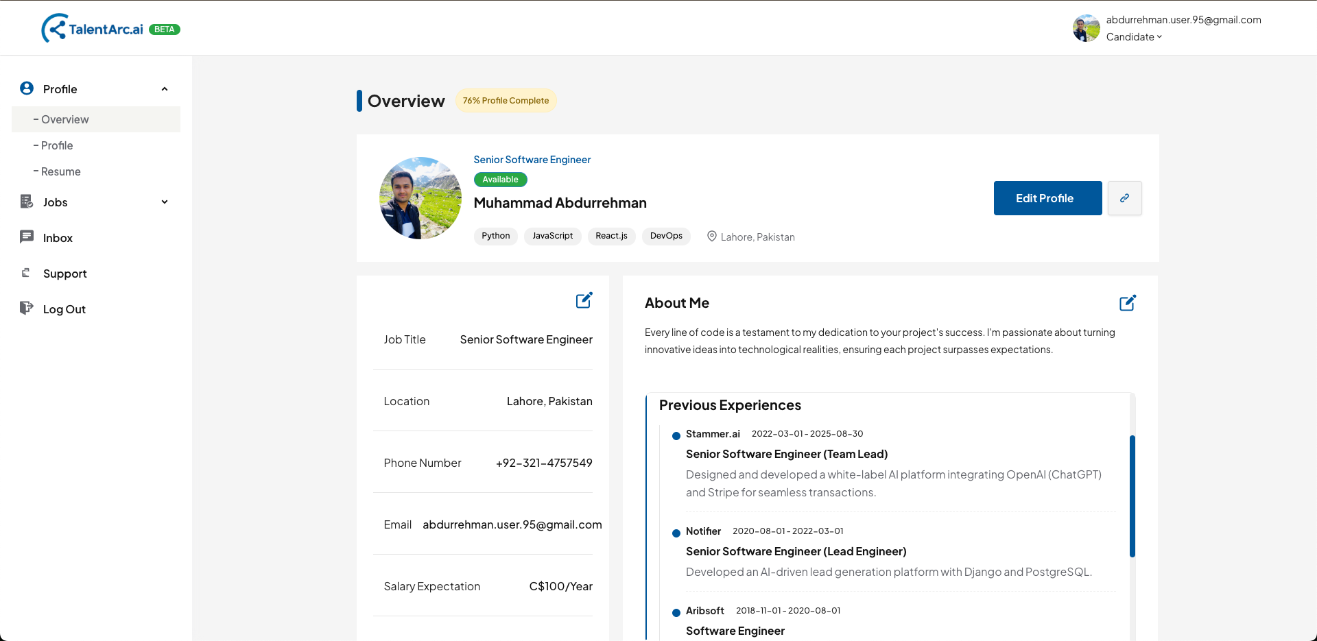 Candidate dashboard: profile completeness, recommended roles, and applications overview